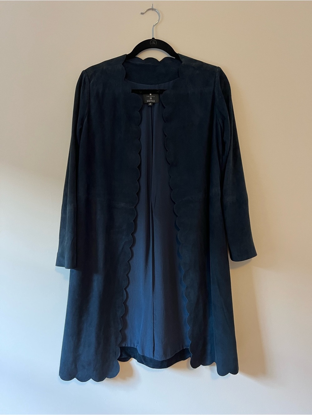 Barneys New York Scallop-Edge Open Front Suede Coat - Navy